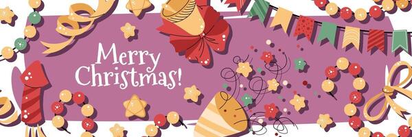 Christmas horizontal banner with fireworks, a party popper, a garland, and confetti on a pink background in a flat cartoon style. illustration for poster, banner, invitation, etc. vector