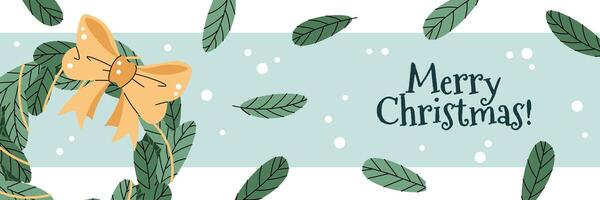 Christmas horizontal banner with a Christmas wreath, a bow and spruce branches in a flat cartoon style. illustration for poster, banner, invitation, etc. vector