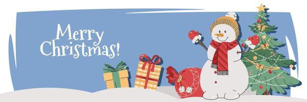Christmas horizontal banner with a snowman, gifts, and a Christmas tree on a blue background in a flat cartoon style. illustration for poster, banner, invitation, etc vector