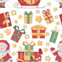 Seamless pattern with Christmas gift boxes and Santa Claus with sleigh. holiday texture in flat style. Suitable for wallpaper, wrapping paper, fabric, etc. vector