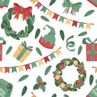 Seamless pattern with colorful flags, Christmas wreath and gifts. holiday texture in flat style. Merry Christmas and Happy New Year. Suitable for wallpaper, wrapping paper, fabric, etc vector