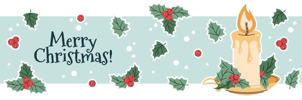 Christmas horizontal banner with a Christmas candle and holly branches in a flat style. illustration for poster, banner, invitation, etc. vector