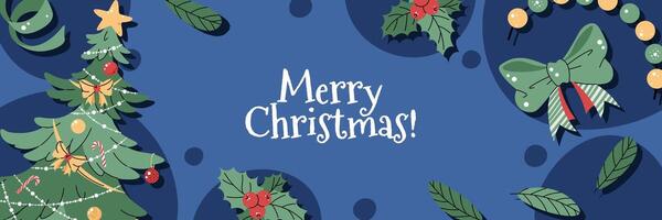 Christmas horizontal banner with a Christmas tree decorated with garland and ornaments on a blue background in a flat cartoon style. illustration for Christmas poster, banner, card, invitation vector