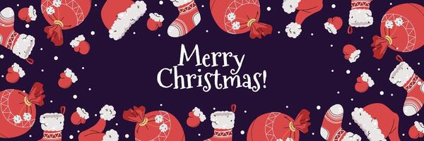 Christmas horizontal banner with Santa Claus s items on a yellow background in a flat cartoon style. illustration for poster, banner, invitation, etc vector