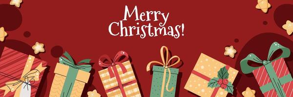 Horizontal banner with gift boxes and stars in a flat cartoon style. background for poster, banner, invitation, etc. vector