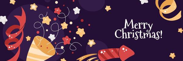 Christmas horizontal banner with fireworks, a party popper, and confetti in a flat style. Christmas illustration for poster, banner, invitation, etc. vector