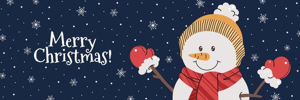 Horizontal banner card with a snowman in a hat and scarf on a blue background with snowflakes in a cartoon flat style. background for poster, banner, invitation, etc. vector