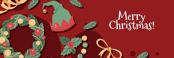 Horizontal banner with a Christmas wreath, an elf hat, and holly in a flat cartoon style. background for poster, banner, invitation, etc. vector