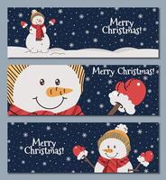 Set of Christmas horizontal banners with a snowman in a hat and scarf on a blue background with snowflakes in a cartoon flat style. background for poster, banner, invitation, etc. vector