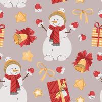 Seamless pattern with snowman, Christmas bell and gift. holiday texture in flat style. Suitable for wallpaper, wrapping paper, fabric, etc. vector