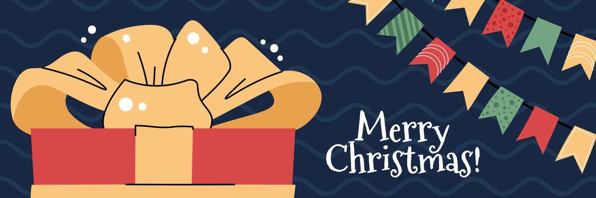 Christmas horizontal banner with a red gift box, a garland in a flat cartoon style. illustration for poster, banner, invitation, etc.