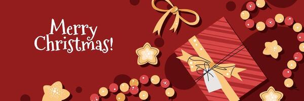 Horizontal banner with a red gift box, a garland, and stars in a flat cartoon style. background for poster, banner, invitation, etc. vector