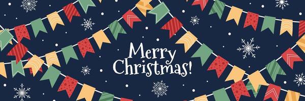 Christmas horizontal banner with colorful flags and snowflakes in flat style. illustration for poster, greeting card, invitation, etc vector
