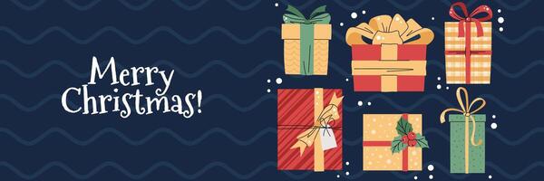 Christmas horizontal banner with gift boxes on a blue background in a flat cartoon style. illustration for poster, banner, invitation, etc. vector