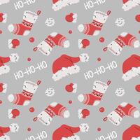 Seamless pattern with Christmas stocking, mittens and Santa hat. holiday texture in flat style. Merry Christmas and Happy New Year. Suitable for wallpaper, wrapping paper, fabric, etc vector