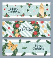 Set of Christmas horizontal banners with Christmas wreath, fir branches and Christmas candle and holly in flat cartoon style. illustration for poster, banner, invitation etc. vector