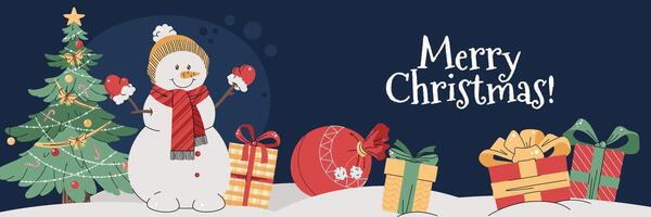 Christmas horizontal banner with a snowman, gifts, and a Christmas tree on a blue background in a flat cartoon style. illustration for poster, banner, invitation, etc vector
