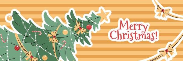 Horizontal banner with Christmas tree decorated with garland and toys on yellow striped background in flat cartoon style. background for Christmas poster, banner, card vector