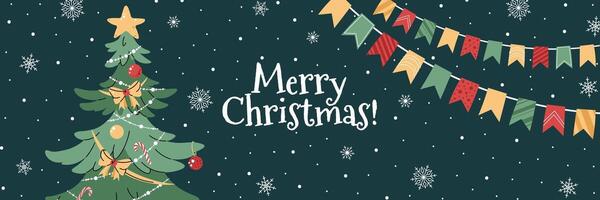 Horizontal banner with a Christmas tree decorated with garland, bows, and a star on a green background with snowflakes in a flat cartoon style. background for Christmas poster vector