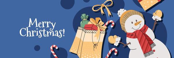 Christmas horizontal banner with a snowman and gifts on a blue background in a flat cartoon style. illustration for poster, banner, invitation, etc. vector