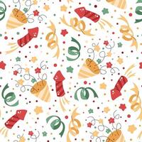 Seamless pattern with Christmas crackers, confetti and decorations. festive texture in flat style. Suitable for wallpaper, wrapping paper, fabric, etc vector