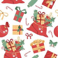 Seamless pattern with Christmas gift boxes and Santa s bag. holiday texture in flat style. Suitable for wallpaper, wrapping paper, fabric, etc. vector