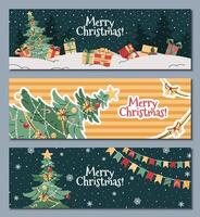 Set of Christmas horizontal banners with a Christmas tree decorated with garland, bows, and a star in a flat cartoon style. background for Christmas poster vector