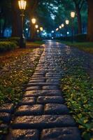 A serene cobblestone path lined with lanterns and greenery in a tranquil park setting. photo