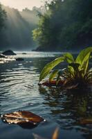 A serene river scene with sunlight filtering through trees, highlighting plants and leaves. photo