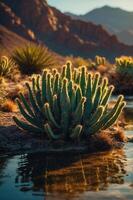 A serene desert landscape featuring cacti reflected in a tranquil water pool. photo