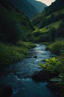 A serene river flows through lush green hills under a twilight sky. photo