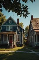 Two charming houses with distinct styles and colors, surrounded by greenery and a clear sky. photo