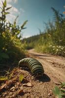 A large green caterpillar crawls along a dirt path in a natural setting under a blue sky. photo