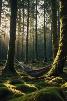 A serene hammock nestled between moss-covered trees in a tranquil forest setting. photo