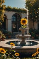 A serene courtyard features a fountain with a sunflower and surrounding blooming plants. photo
