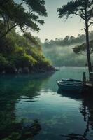 A serene lakeside scene with a small boat, surrounded by lush greenery and misty hills. photo
