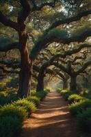 A serene path through lush trees, inviting exploration and tranquility in nature. photo
