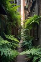 A lush alleyway filled with vibrant ferns and greenery, creating a serene urban oasis. photo