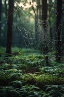 A misty forest scene featuring a spider web adorned with dew drops. photo