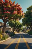 A serene street lined with flowering trees and colorful plants, creating a peaceful atmosphere. photo