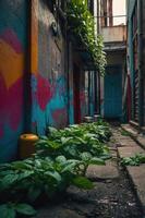 A vibrant alleyway adorned with colorful murals and lush greenery. photo