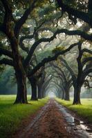 A serene pathway lined with majestic trees, creating a peaceful atmosphere in nature. photo