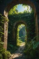 A lush, overgrown archway leads to a serene, natural pathway in a tranquil environment. photo