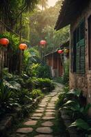 A serene pathway lined with lanterns and lush greenery leading to rustic buildings. photo