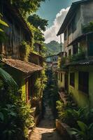 A narrow alleyway lined with lush greenery and colorful buildings in a tranquil setting. photo