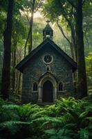 A quaint stone chapel nestled in a lush forest, surrounded by ferns and towering trees. photo
