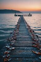 A serene wooden pier extends into calm waters at sunset, adorned with leaves and droplets. photo