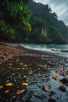 A serene beach scene with wet stones, lush greenery, and gentle waves under a cloudy sky. photo