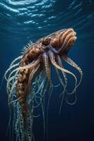 An underwater creature resembling an octopus with flowing tentacles and a unique head shape. photo