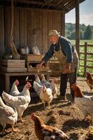 A farmer feeding chickens in a rustic barn setting. photo